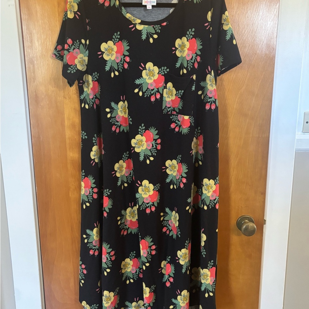 LuLaRoe Carly Swing Dress Floral Black Dress XL pink, green, yellow